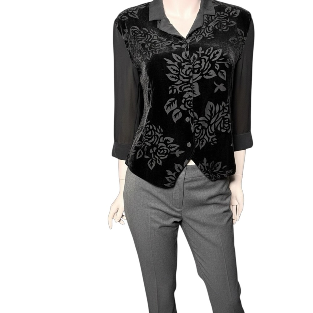 Vintage silk blouse Black burn out Velvet‎ Floral button collared Small poetcore